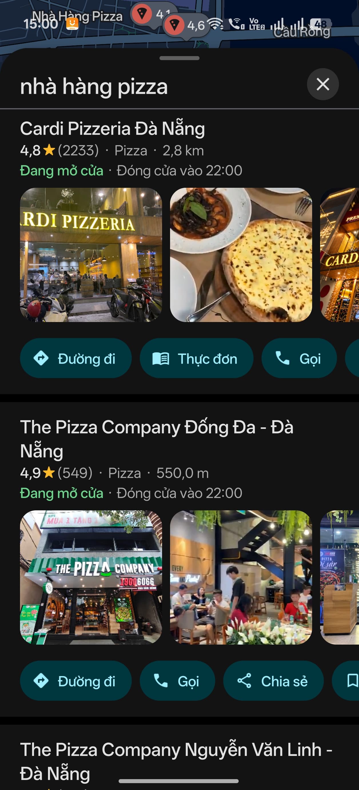 Google Maps search results for pizza restaurants in Da Nang, with nearby businesses, ratings, photos and distances.